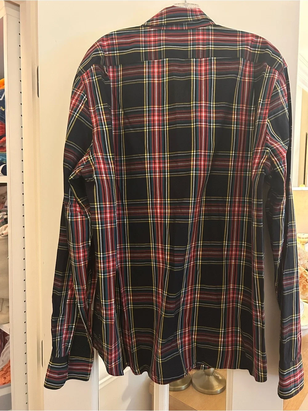 J. Crew Men's Black Plaid Button-Down Shirt with Red and Yellow Accents